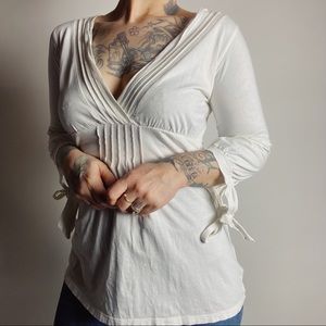 THEORY Pima Cotton Tie Sleeve V Neck Top Womens Small White Off White